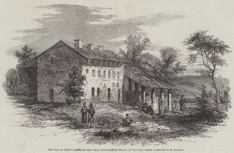 La guerre en Italie, poste autrichien près du pont ferroviaire de Valenza (gravure) - English School