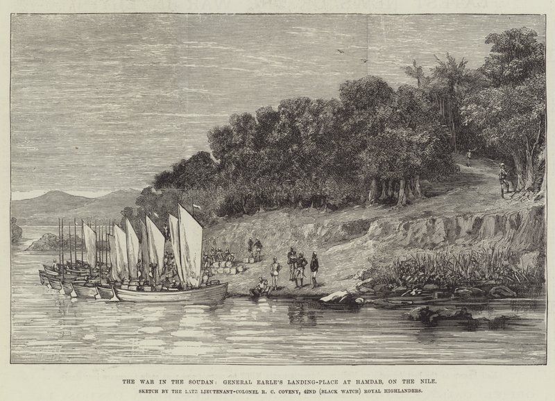 La guerre au Soudan, lieu de débarquement du général Earle à Hamdab, sur le Nil (gravure) - English School
