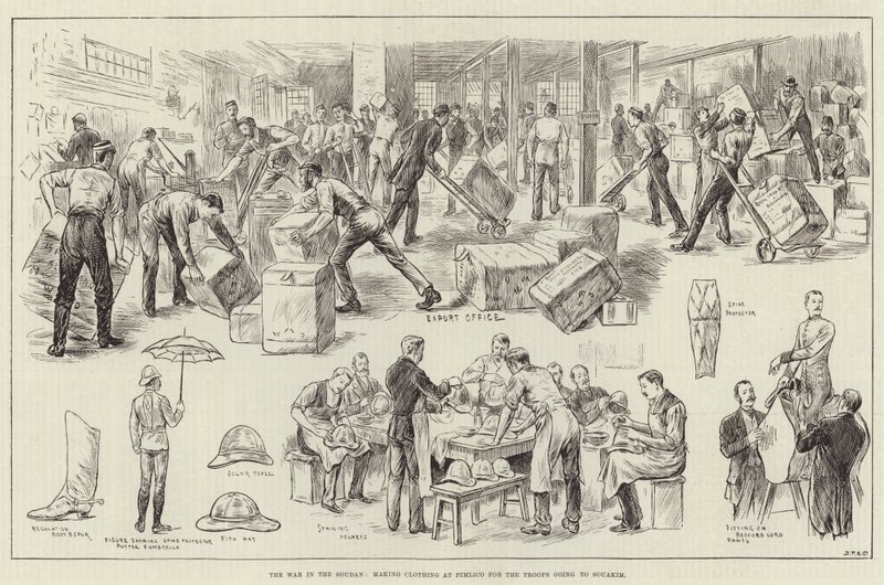 La guerre au Soudan, confection de vêtements à Pimlico pour les troupes allant à Souakim (gravure) - English School