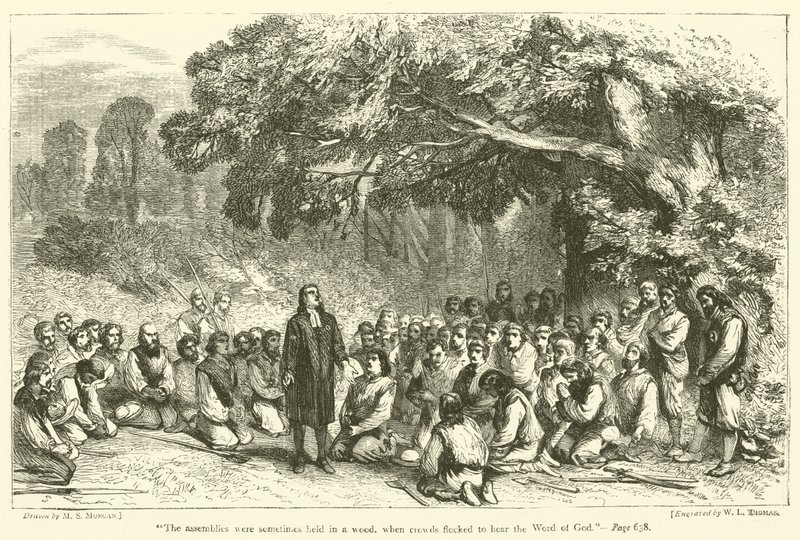 "Les assemblées se tenaient parfois dans un bois, où les foules se pressaient pour écouter la parole de Dieu" (gravure) - English School