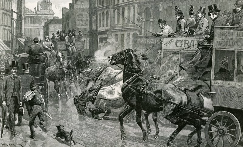 La bataille des rues de Londres - Ludgate Hill par un jour glissant - English School