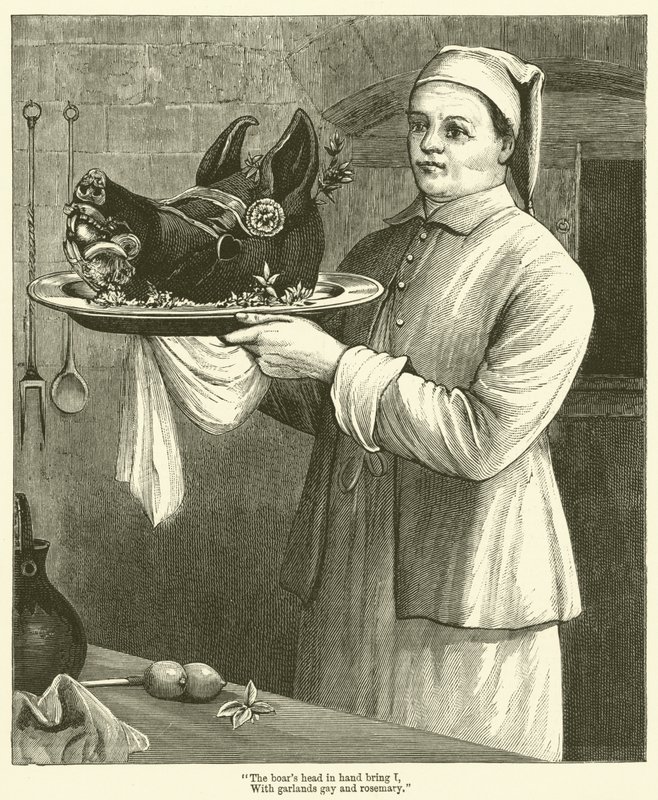 La tête de sanglier en main, avec des guirlandes joyeuses et du romarin - English School