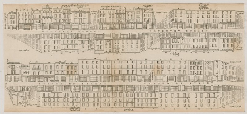 Les bâtiments de Leicester Square, Londres, le long de Coventry Street et Cranbourne Street - English School