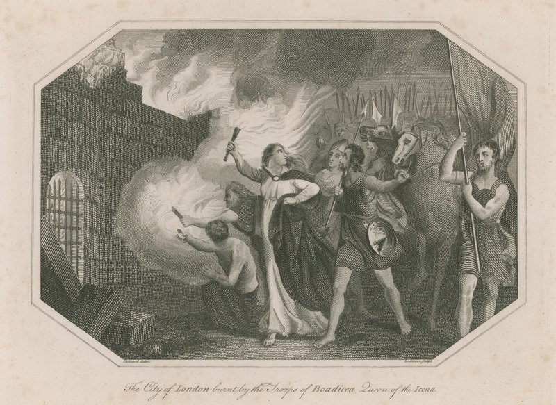 La ville de Londres brûlée par les troupes de Boadicée, reine des Icènes - English School