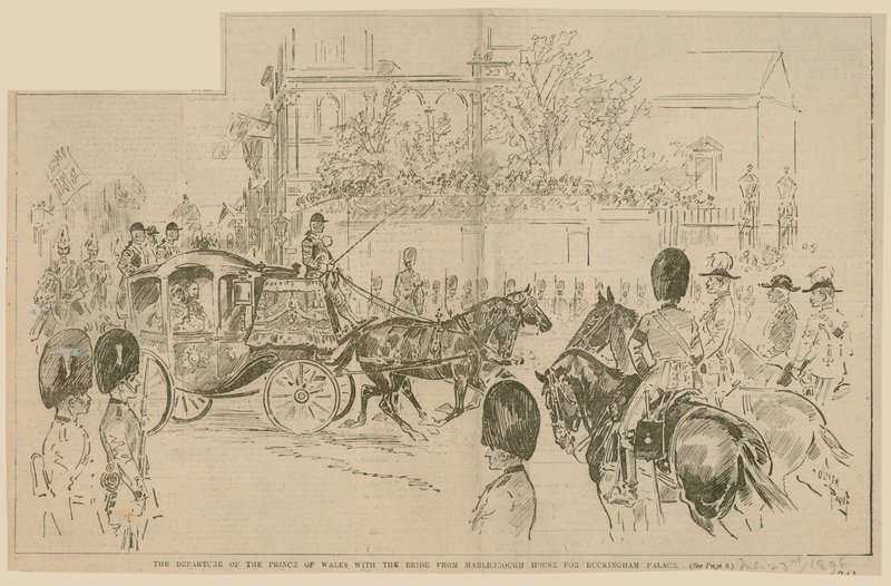 Le départ du prince de Galles avec la mariée de Marlborough House pour Buckingham Palace, 23 juillet 1896 - English School