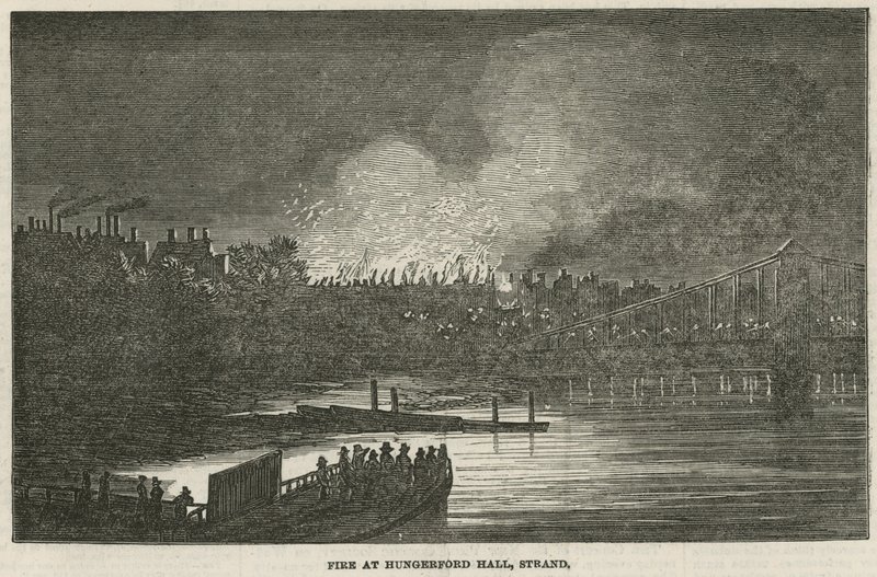 La destruction par le feu de Hungerford Hall, Strand, Londres - English School