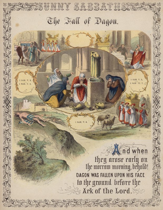 La chute de Dagon (gravure en couleur) - English School