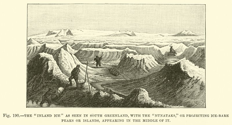 La glace intérieure vue au sud du Groenland, avec les Nunataks, ou pics ou îles dénudés de glace, apparaissant au milieu - English School