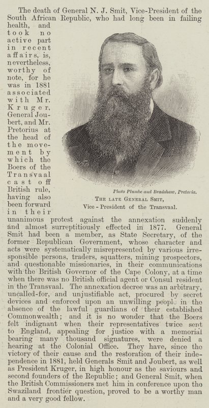 Feu le général Smit, vice-président du Transvaal (gravure) - English School