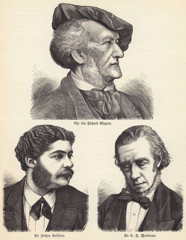 Feu Richard Wagner, Sir Arthur Sullivan, Sir G A Macfarren (gravure) - English School