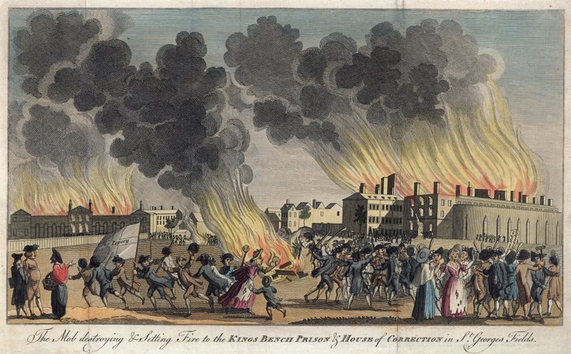 La foule détruisant et incendiant la Prison du Banc du Roi et la Maison de Correction à St Georges Fields - English School