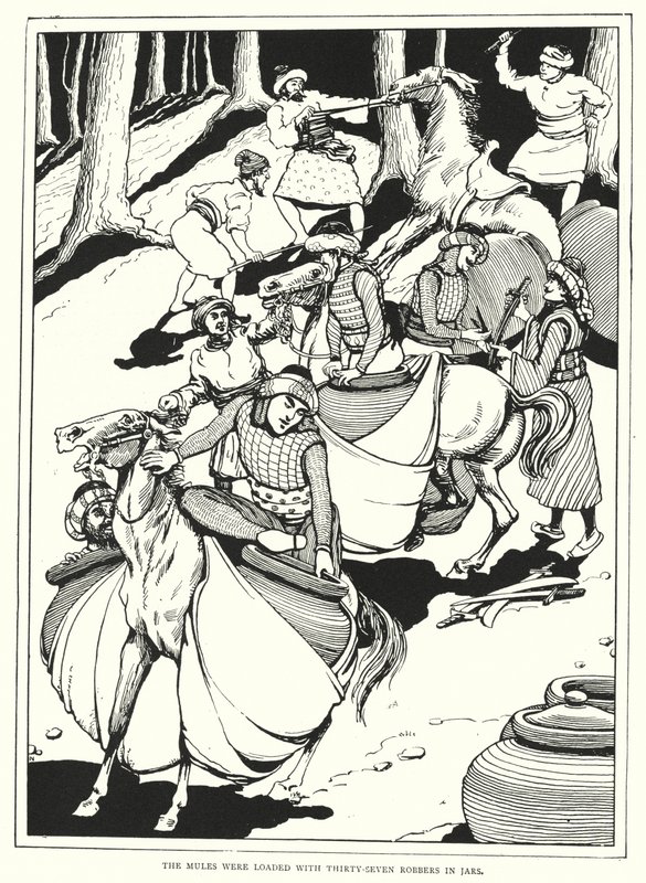 Les mules étaient chargées de trente-sept voleurs dans des jarres (gravure) - English School