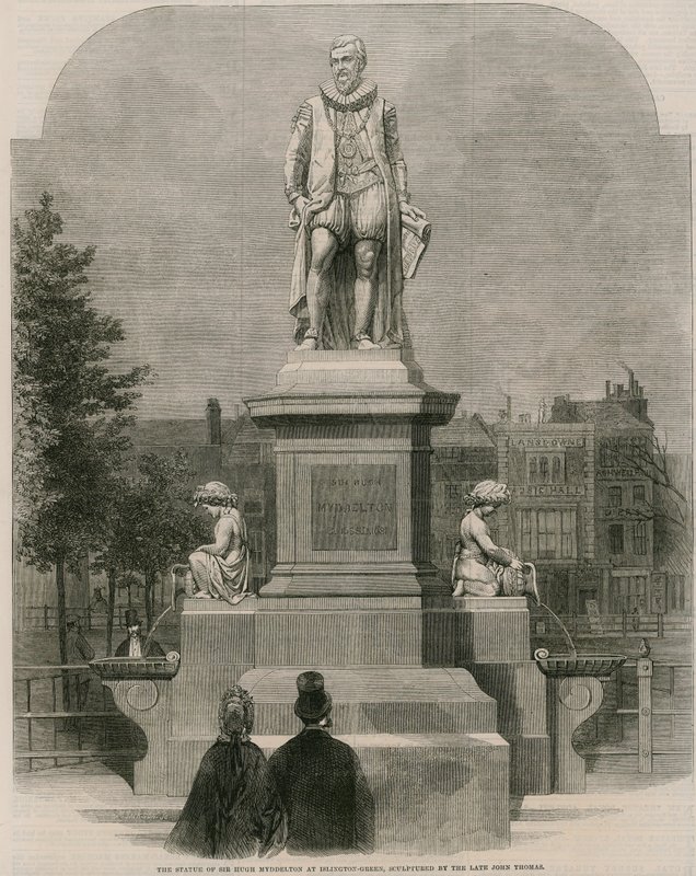 La statue de Sir Hugh Myddleton à Islington Green, sculptée par feu John Thomas (gravure) - English School