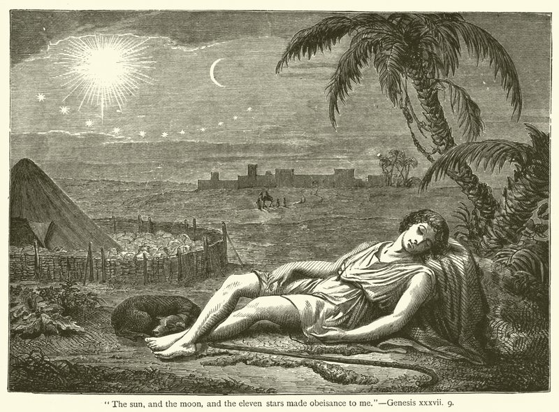 "Le soleil, la lune et les onze étoiles se prosternèrent devant moi", Genèse, xxxvii, 9 (gravure) - English School