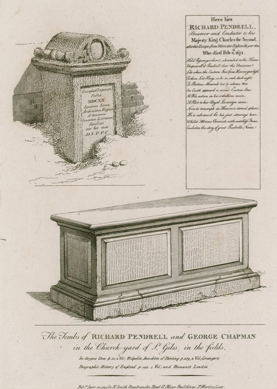 Les tombes de Richard Pendrell et George Chapman dans le cimetière de St Giles in the Fields, Londres - English School