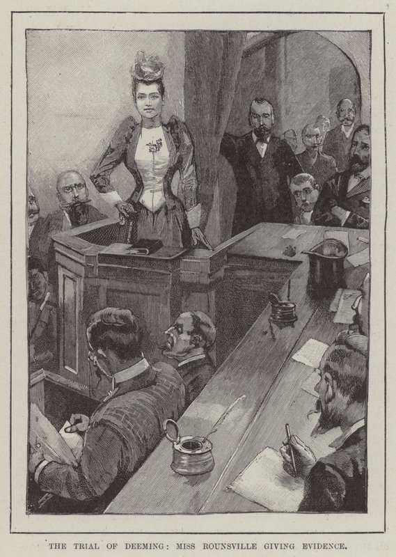 Le procès de Deeming, Miss Rounsville témoignant (gravure) - English School