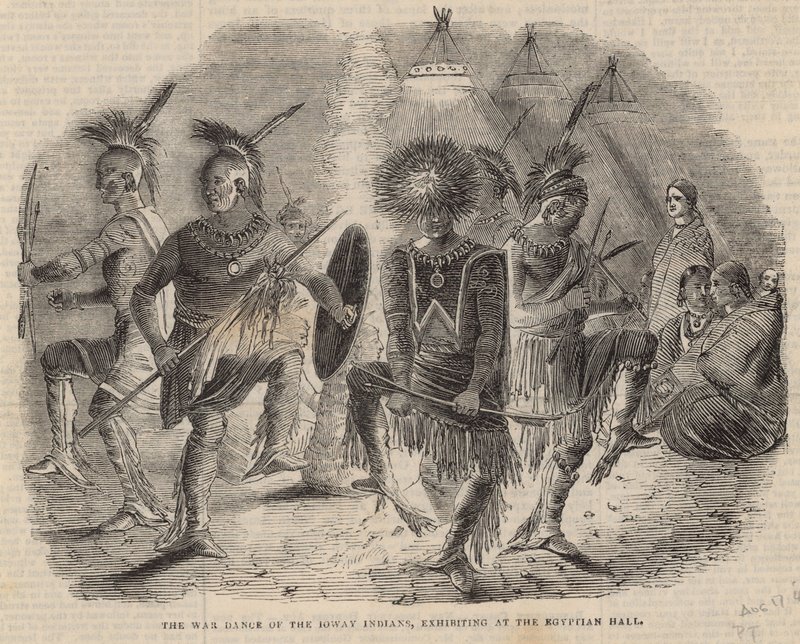 La danse de guerre des Indiens Ioway, exposée au Egyptian Hall - English School
