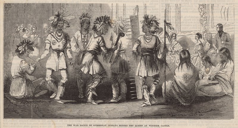 La danse de guerre des Indiens Ojibbeway devant la reine au château de Windsor - English School