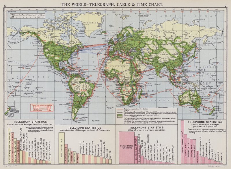 Le monde, télégraphe, câble et carte des fuseaux horaires - English School