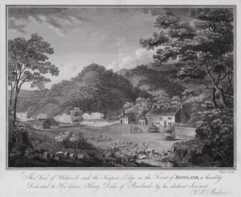 Vue de Whitewell et du pavillon du gardien dans la forêt de Bowland, dédiée humblement à Son Altesse Henry Duc de Buccleuch, par son obéissant serviteur J L Parker (gravure) - English School