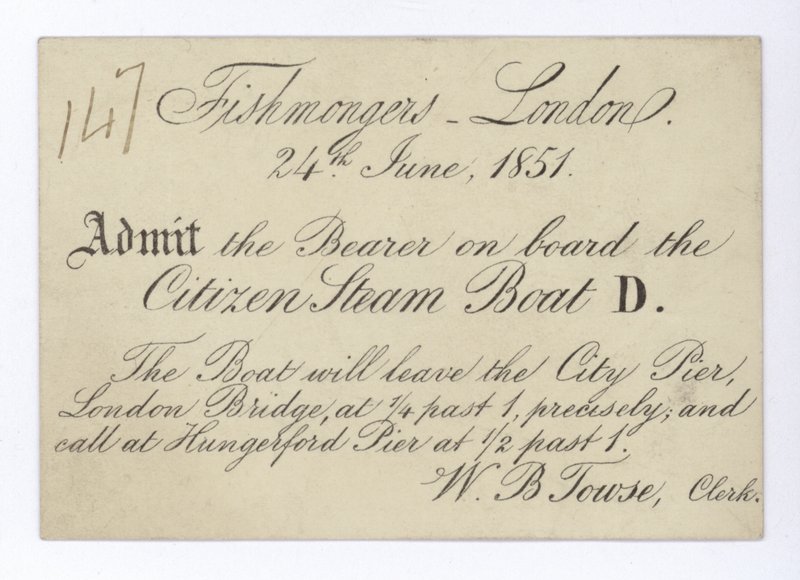 Billet pour les poissonniers de Londres pour une excursion en bateau sur le Citizen Steam Boat, 24 juin 1851 - English School