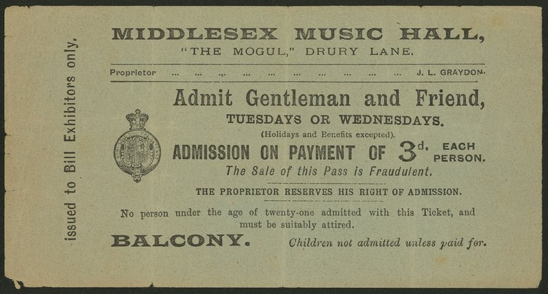 Billet pour le Middlesex Music Hall, The Mogul, Drury Lane, Londres - English School