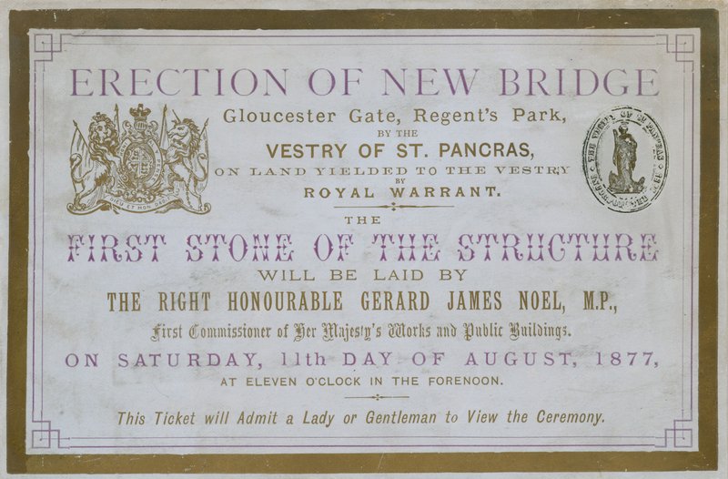 Billet pour la pose de la première pierre au nouveau pont, Gloucester Gate, Regents Park, Londres - English School