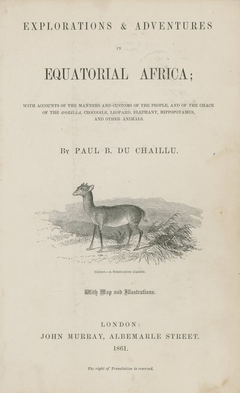 Page de titre des Explorations et Aventures en Afrique équatoriale de Du Chaillu - English School