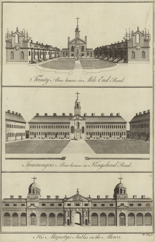 Trinity Almshouses à Mile End Road, Ironmongers Almshouses à Kingsland Road et les Écuries de Sa Majesté dans les Mews, Londres - English School