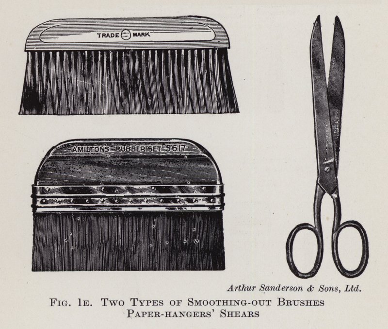 Deux types de brosses de lissage, cisailles de tapissier (lithographie) - English School