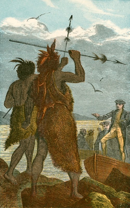 Deux indigènes disputent le débarquement du capitaine Cook - English School
