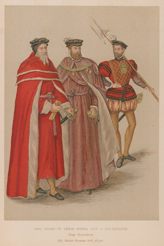 Deux pairs en robe et un hallebardier à l