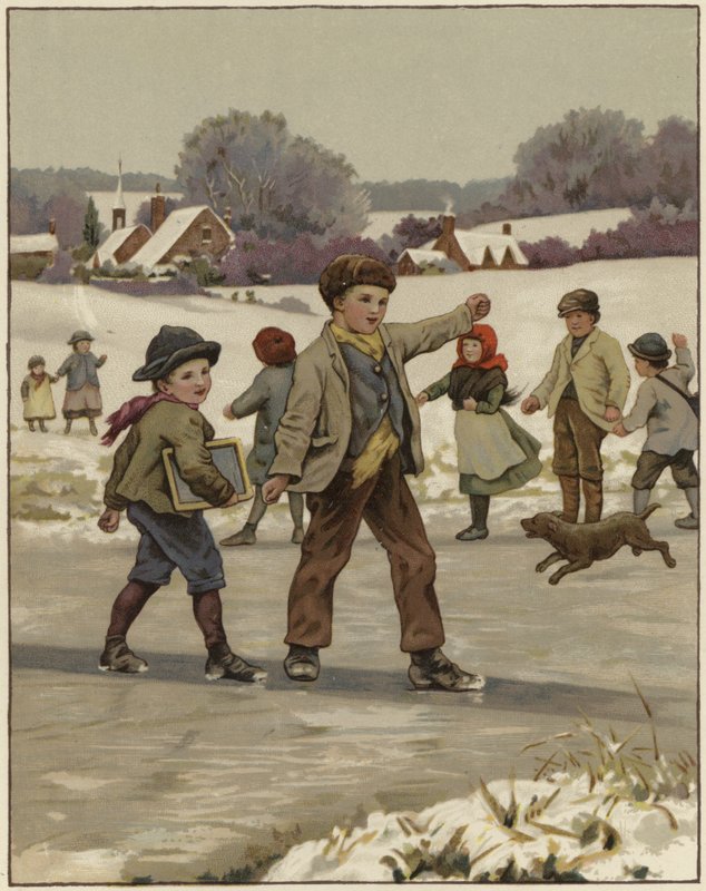 Deux jeunes garçons patinant sur un lac gelé - English School