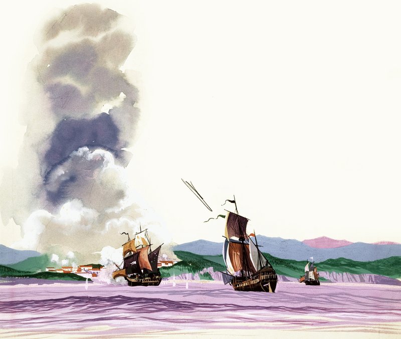 Bataille non identifiée avec des navires à voile tirant sur le rivage et le feu étant rendu - English School