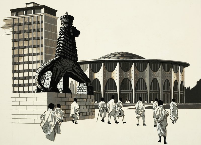Scène de ville non identifiée avec une étrange statue - English School