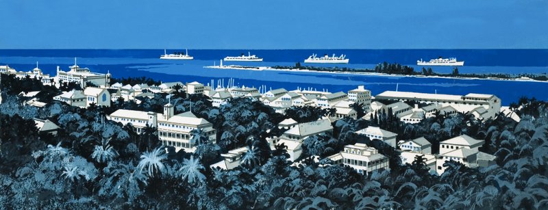 Littoral non identifié avec village et bateaux à l
