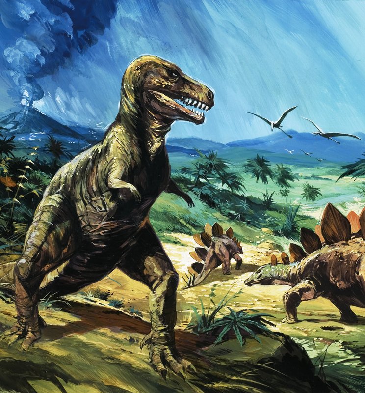 Scène de dinosaure non identifiée avec T-Rex et Stégosaure - English School