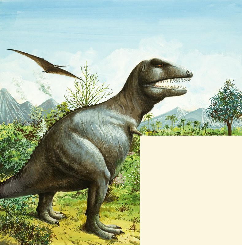 Scène de dinosaure non identifiée avec T Rex et Ptérodactyle - English School