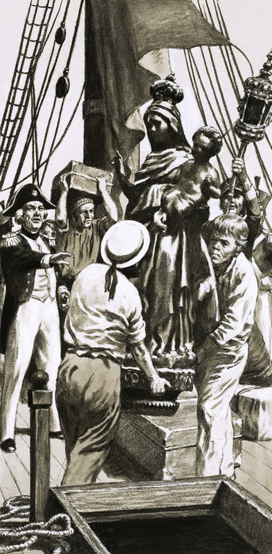 Scène de chargement de cargo sur un navire à voile non identifié - English School