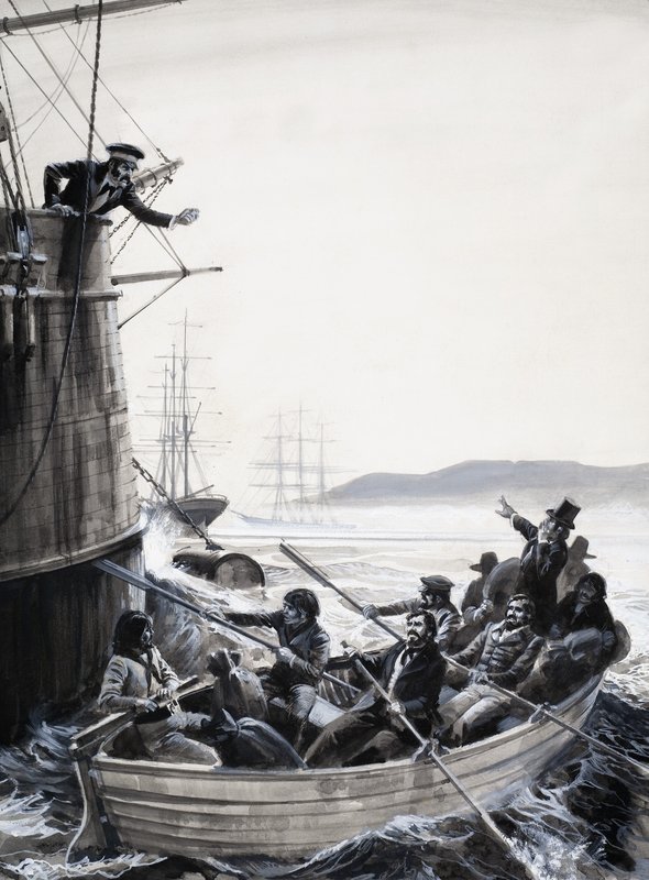Marins non identifiés (mutins) dans un canot avec un capitaine secouant le poing - English School