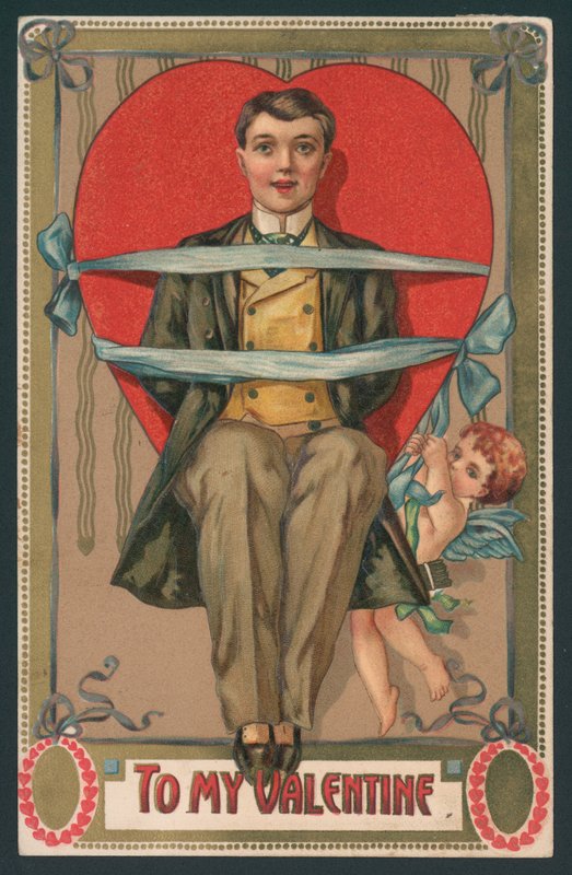 Carte de Saint-Valentin, homme attaché par des rubans par Cupidon - English School