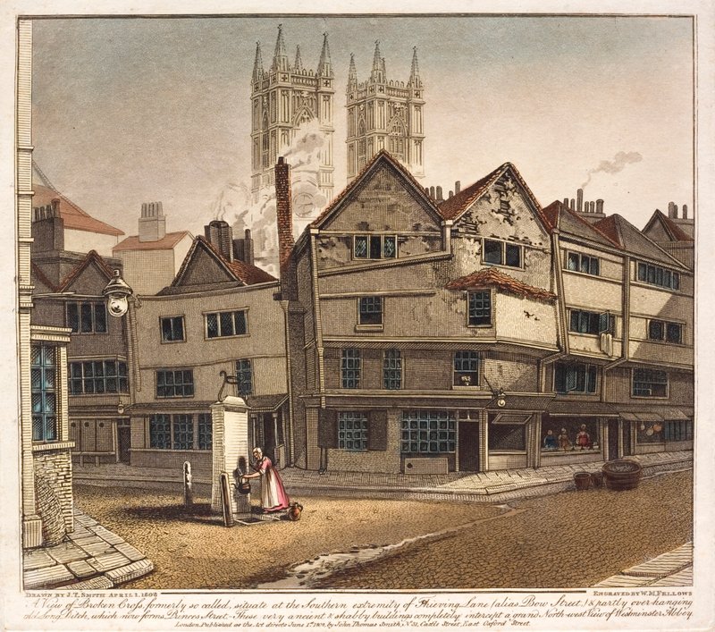 Vue de Broken Cross, à la fin de Thieving Lane, Westminster, Londres - English School