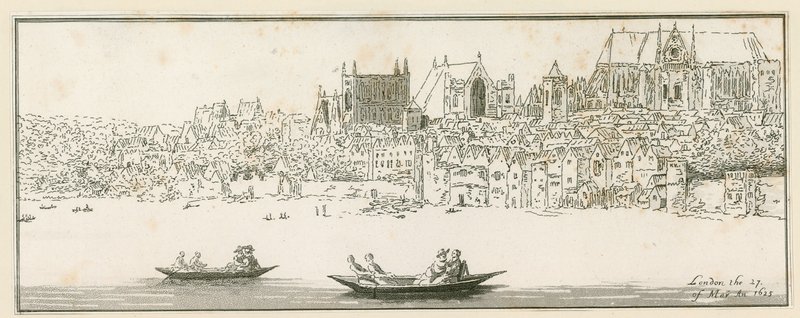 Vue du palais de Westminster, Londres, le 27 mars 1652 - English School