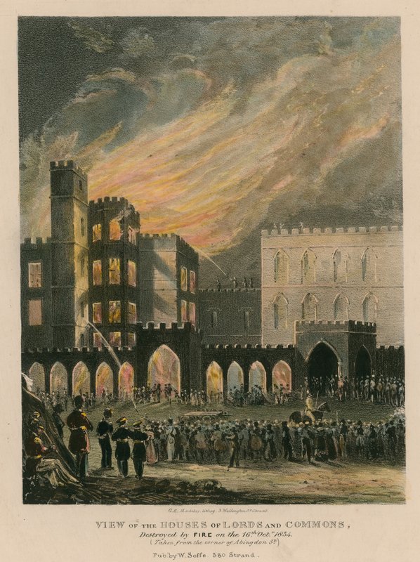 Vue des Chambres des Lords et des Communes, détruites par le feu le 16 octobre 1834 - English School