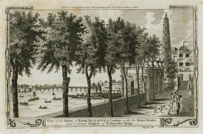 Vue des escaliers des York Buildings, Londres avec les travaux d
