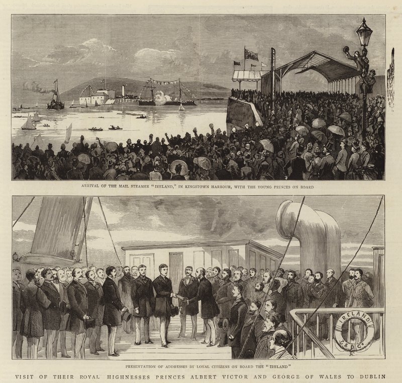 Visite de Leurs Altesses Royales les princes Albert Victor et George de Galles à Dublin (gravure) - English School