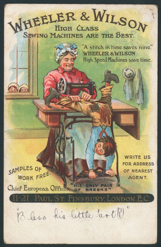 Wheeler & Wilson, machines à coudre - raccommodant un pantalon de garçon - English School