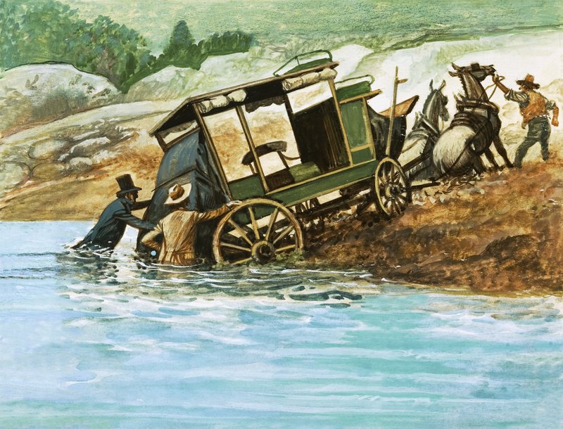 Quand les rivières devaient être traversées à gué, les passagers descendaient et aidaient à pousser la diligence - English School