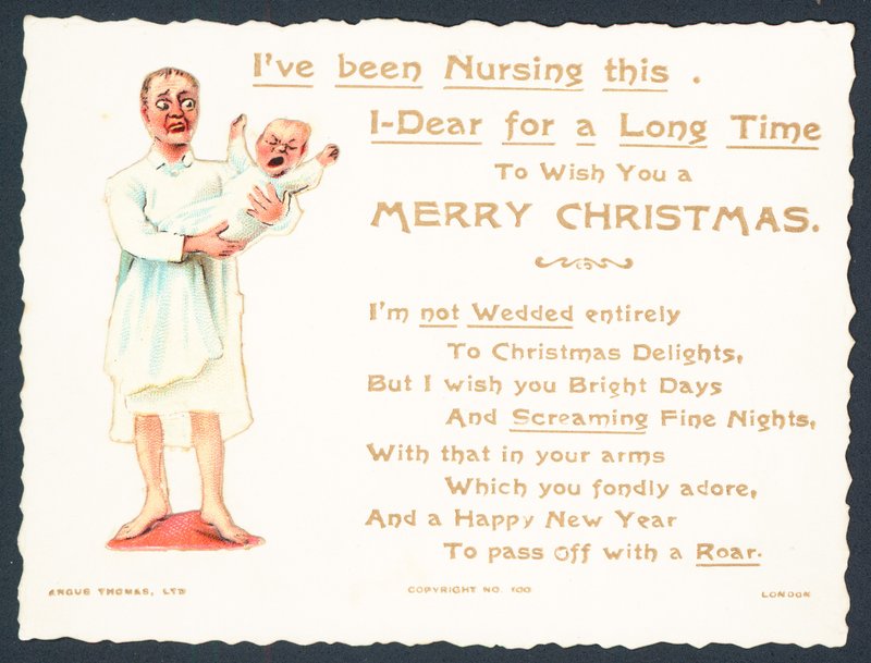 Femme tenant un bébé qui crie, carte de Noël - English School
