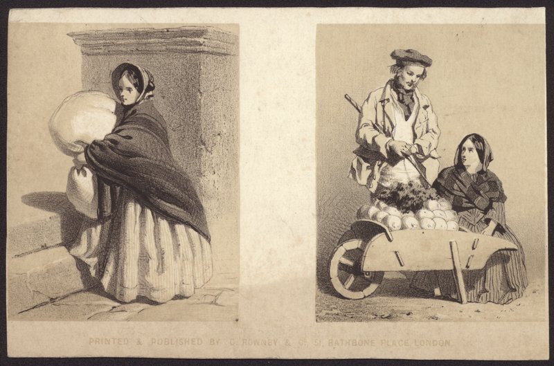 Femme vendeuse de rue vendant des légumes depuis une charrette (lithographie) - English School